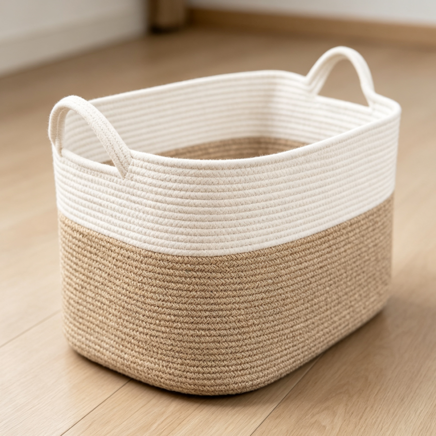 White & Brown Rectangular Rope Storage Basket 21.6x14.9