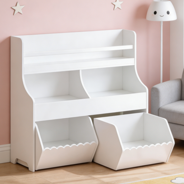 White 3-Tier Kids Toy Storage with 2 Bins and Bookshelf