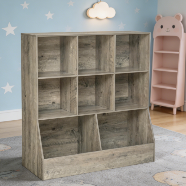 3-Tier 8-Cubby Wooden Kids Bookshelf Gray Wash