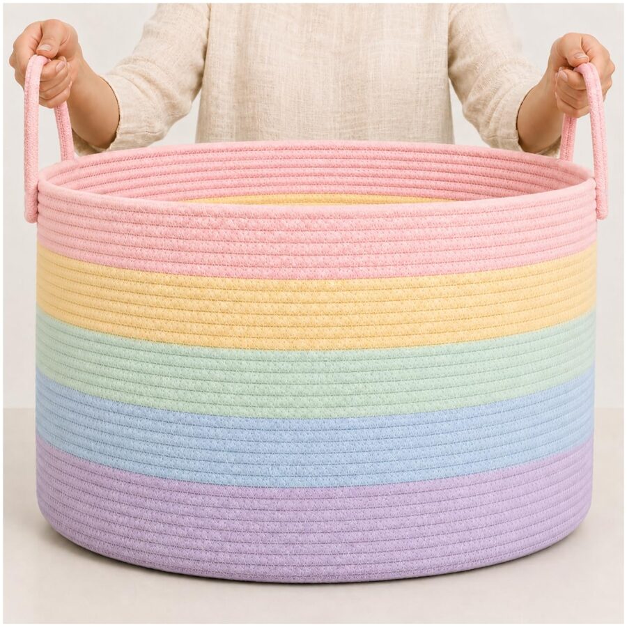 Rainbow Pastel Cotton Rope Toy Basket 20x13