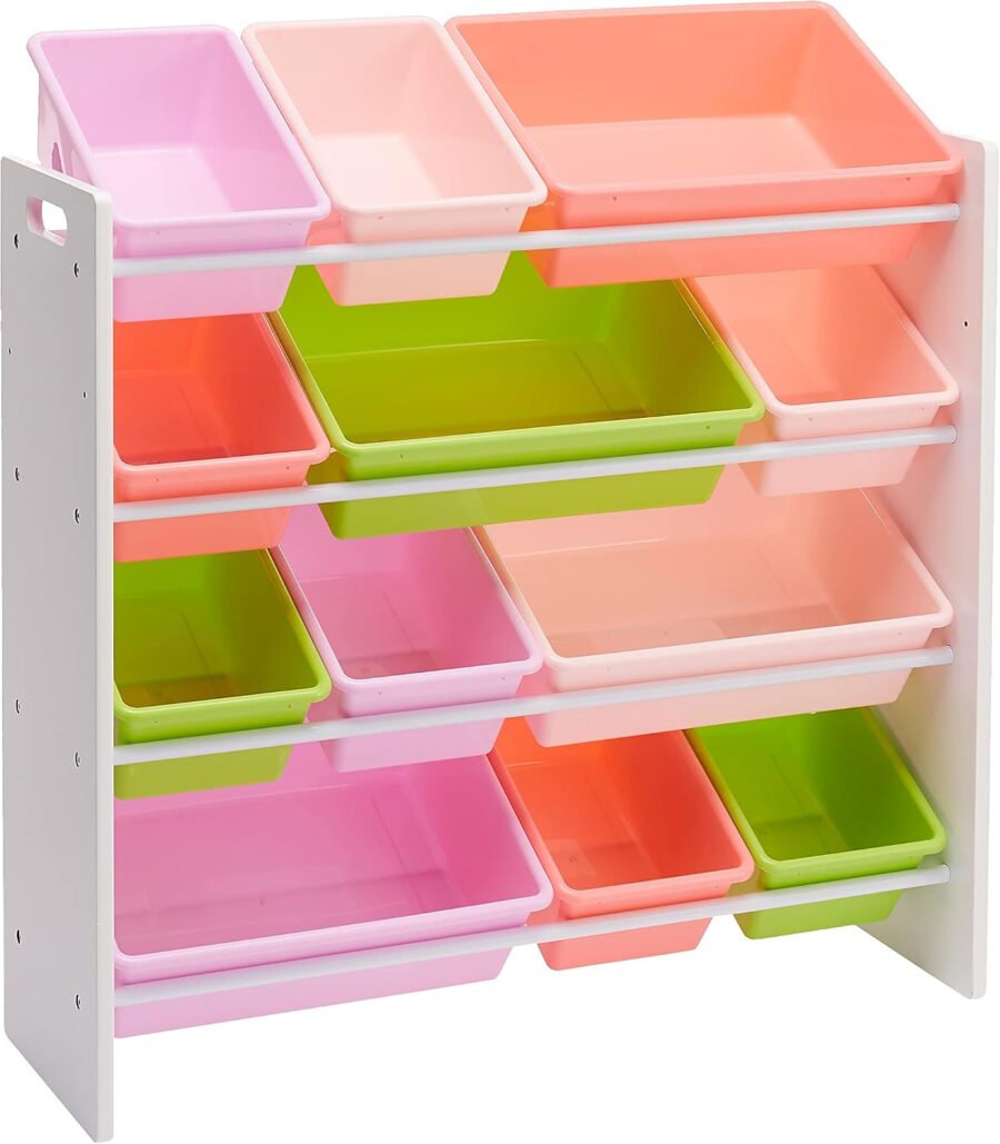 White/Pink 12-Bin Kids Toy Storage Organizer Rack
